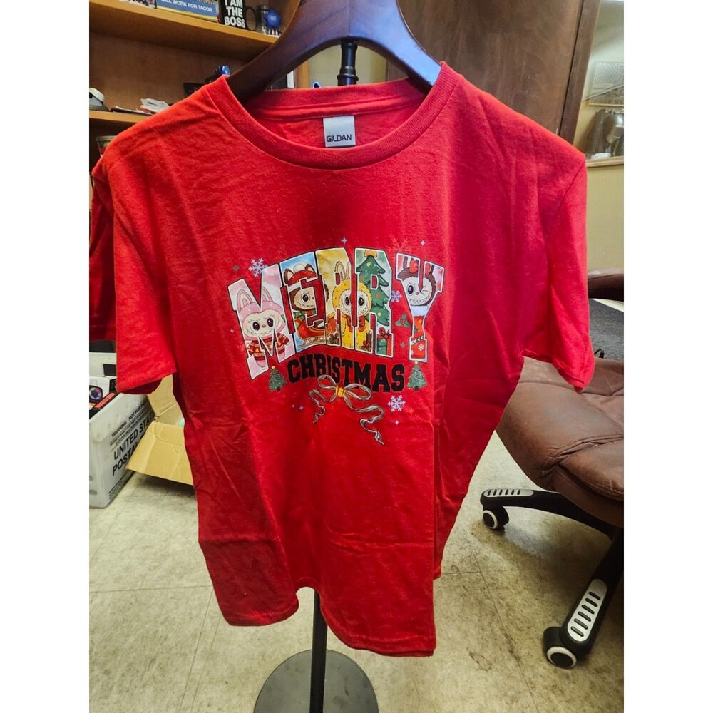Red Labubu Christmas Graphic T-Shirt Kids Youth Large (NWOT)